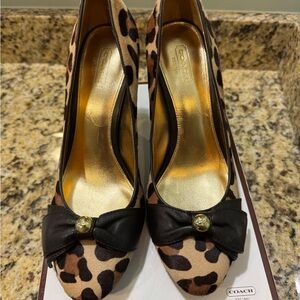 Coach Leopard Print Heels with Brown Leather Bow